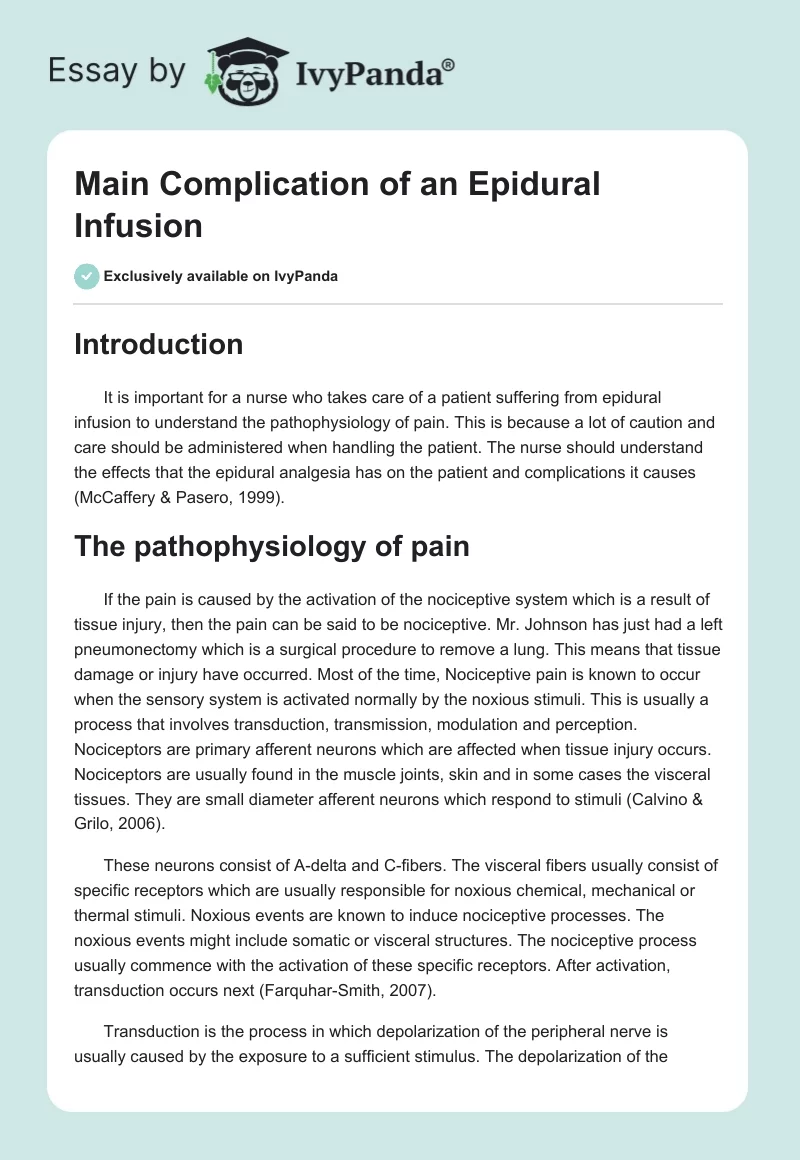 Main Complication of an Epidural Infusion. Page 1