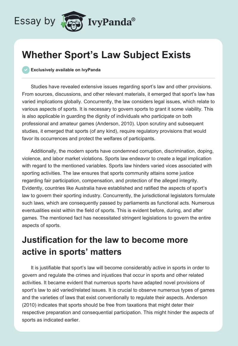 Whether Sport’s Law Subject Exists. Page 1