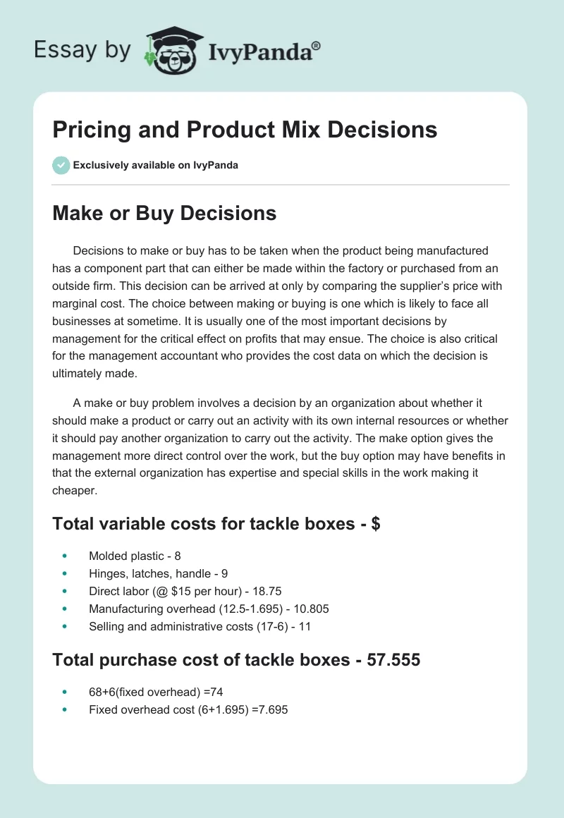 Pricing and Product Mix Decisions. Page 1