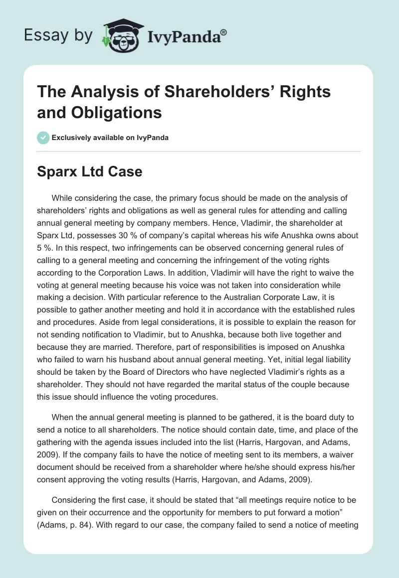 The Analysis of Shareholders’ Rights and Obligations. Page 1
