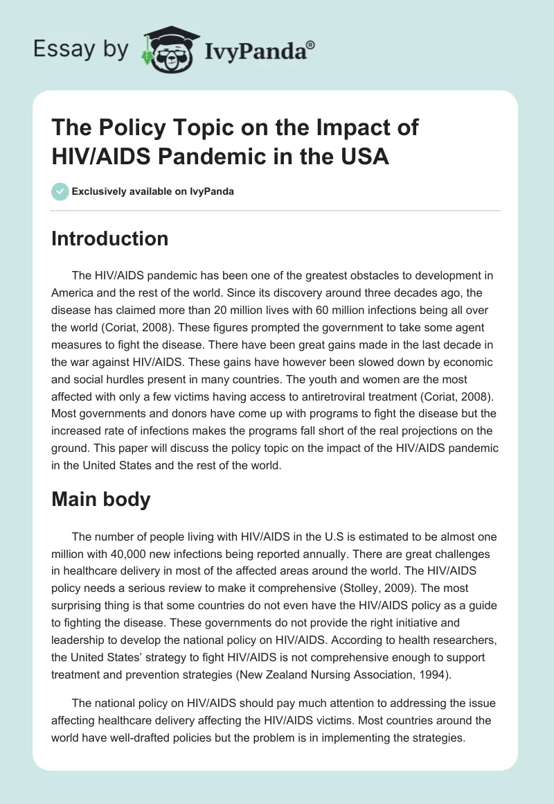 The Policy Topic on the Impact of HIV/AIDS Pandemic in the USA. Page 1