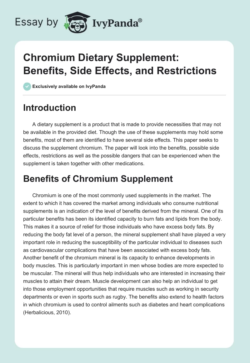 Chromium Dietary Supplement: Benefits, Side Effects, and Restrictions. Page 1