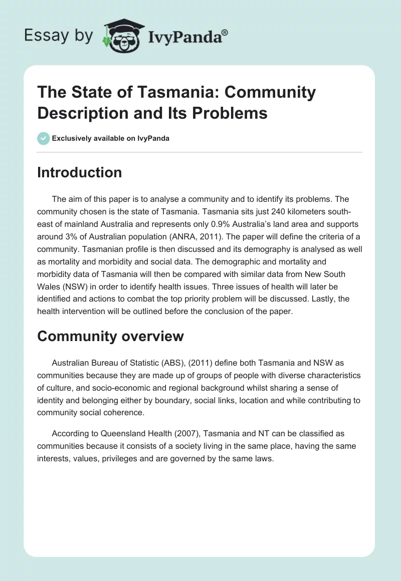 The State of Tasmania: Community Description and Its Problems. Page 1
