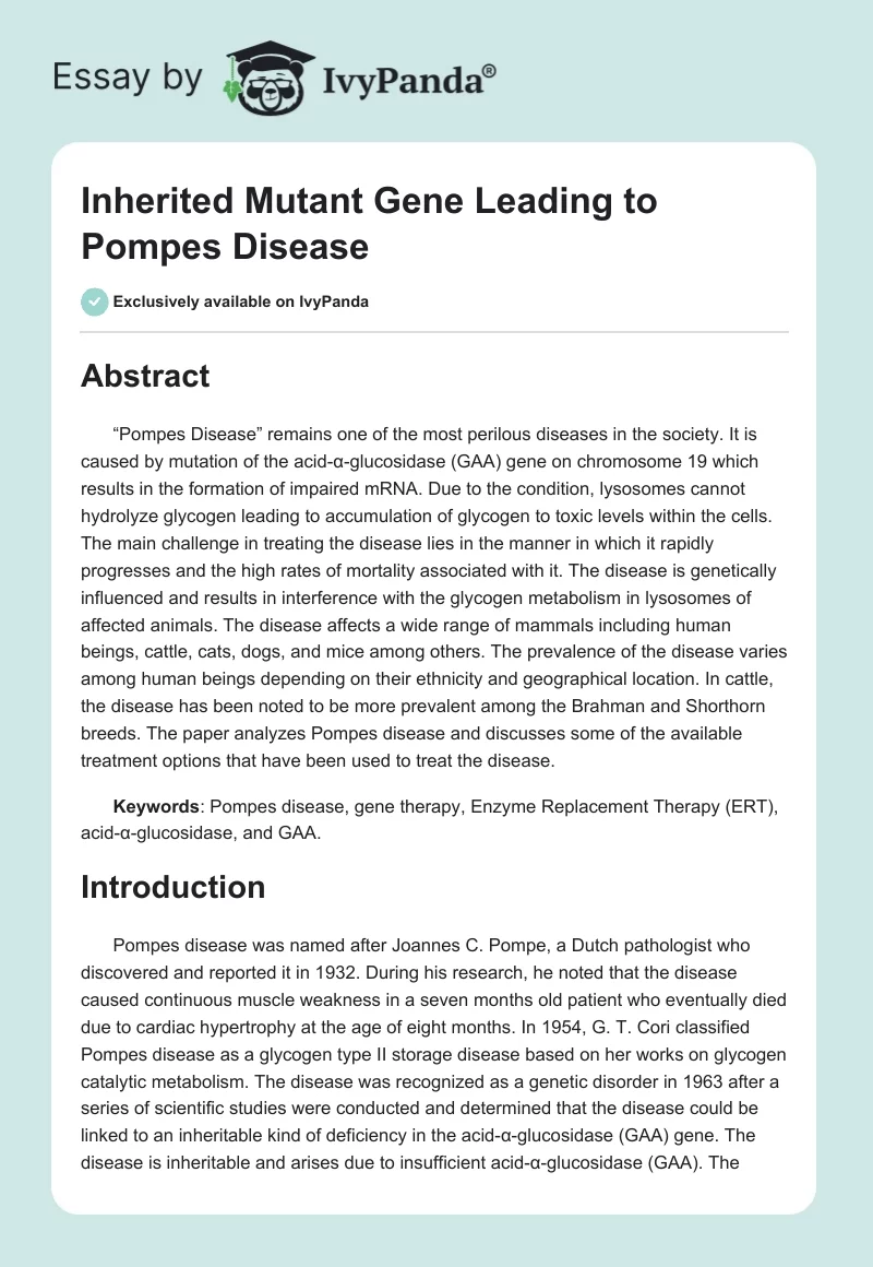 Inherited Mutant Gene Leading to Pompes Disease. Page 1