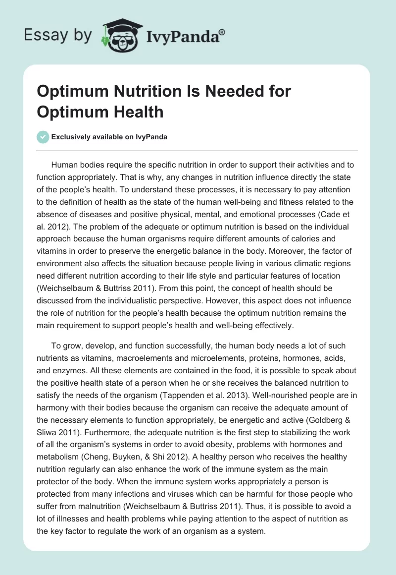 Optimum Nutrition Is Needed for Optimum Health. Page 1