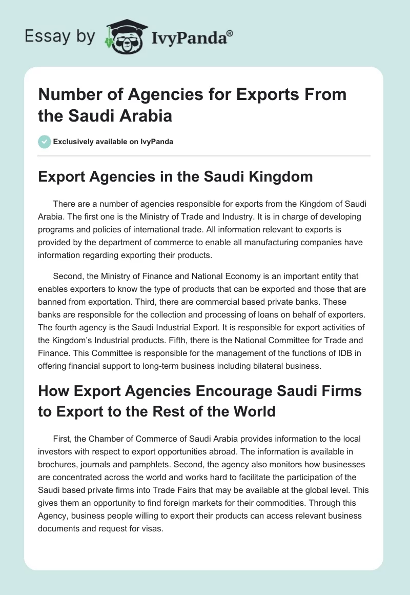 Number of Agencies for Exports From the Saudi Arabia. Page 1