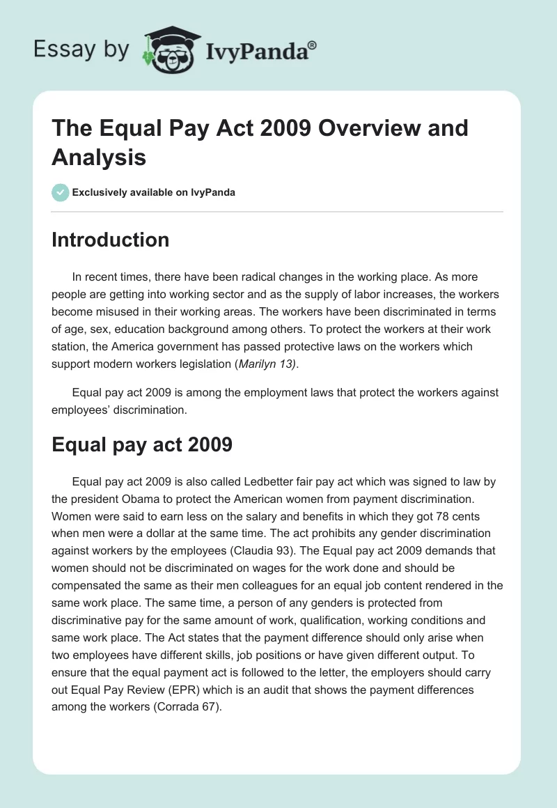 The Equal Pay Act 2009 Overview and Analysis. Page 1