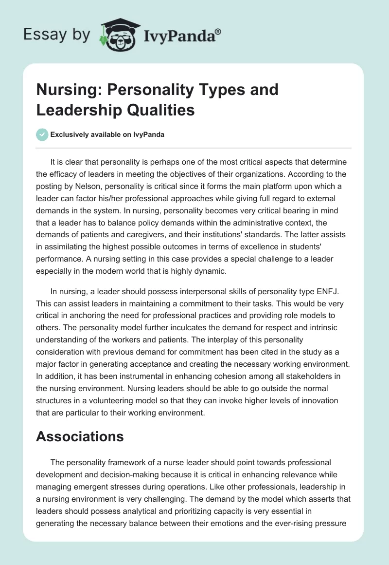 Nursing: Personality Types and Leadership Qualities. Page 1