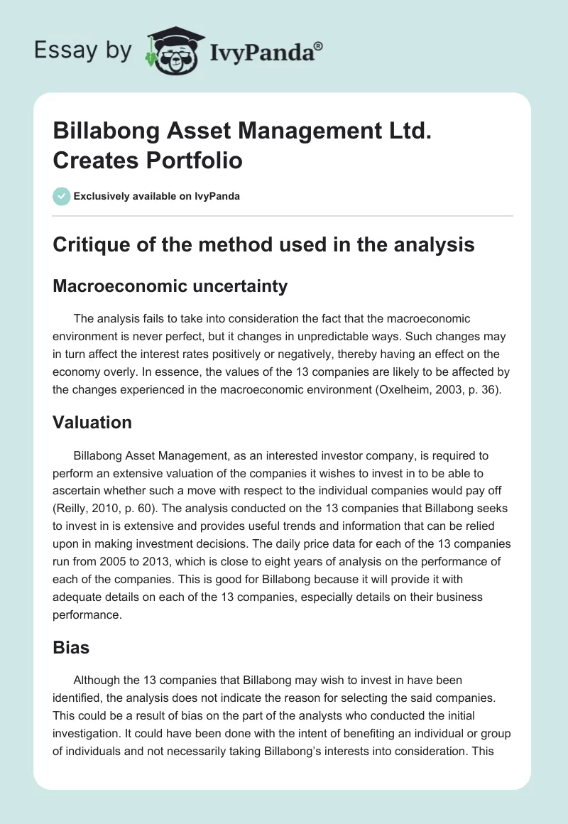 Billabong Asset Management Ltd. Creates Portfolio. Page 1