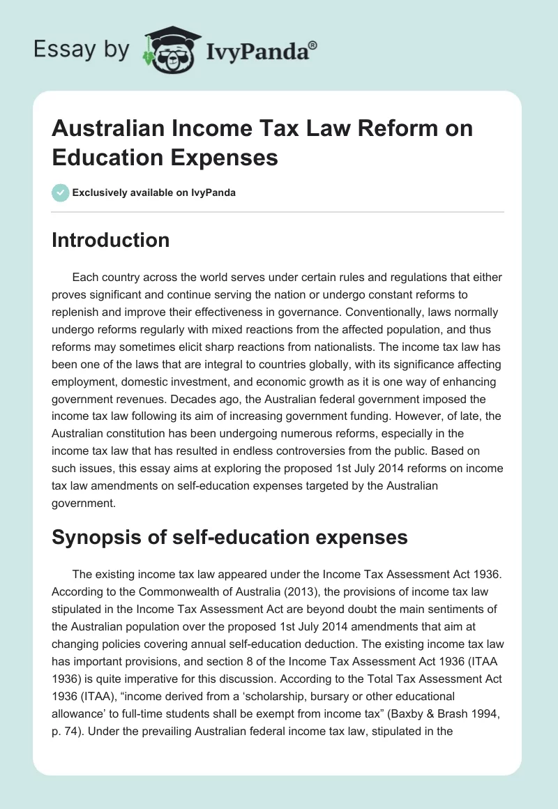 Australian Income Tax Law Reform on Education Expenses. Page 1