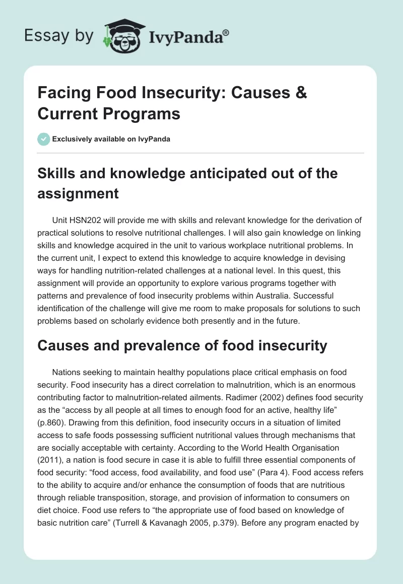 Facing Food Insecurity: Causes & Current Programs. Page 1