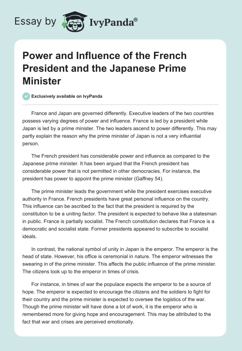 Power and Influence of the French President and the Japanese Prime Minister. Page 1