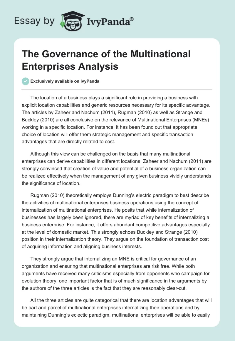 The Governance of the Multinational Enterprises Analysis. Page 1