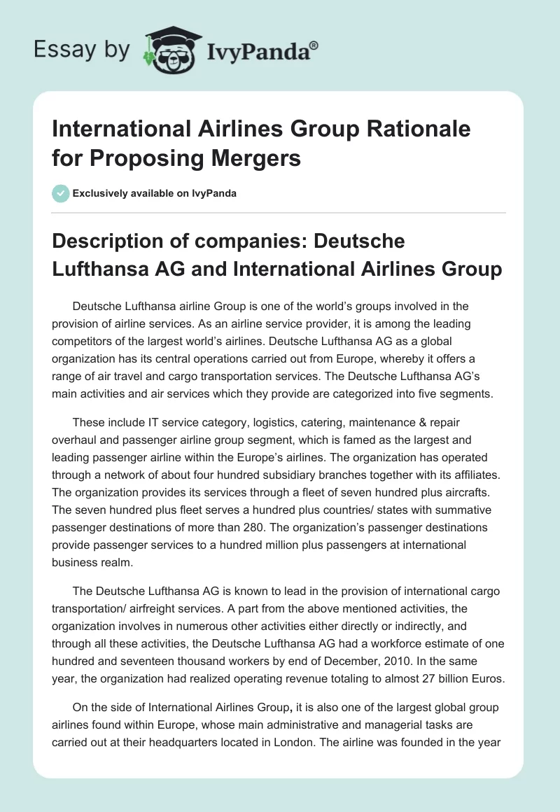 International Airlines Group Rationale for Proposing Mergers. Page 1