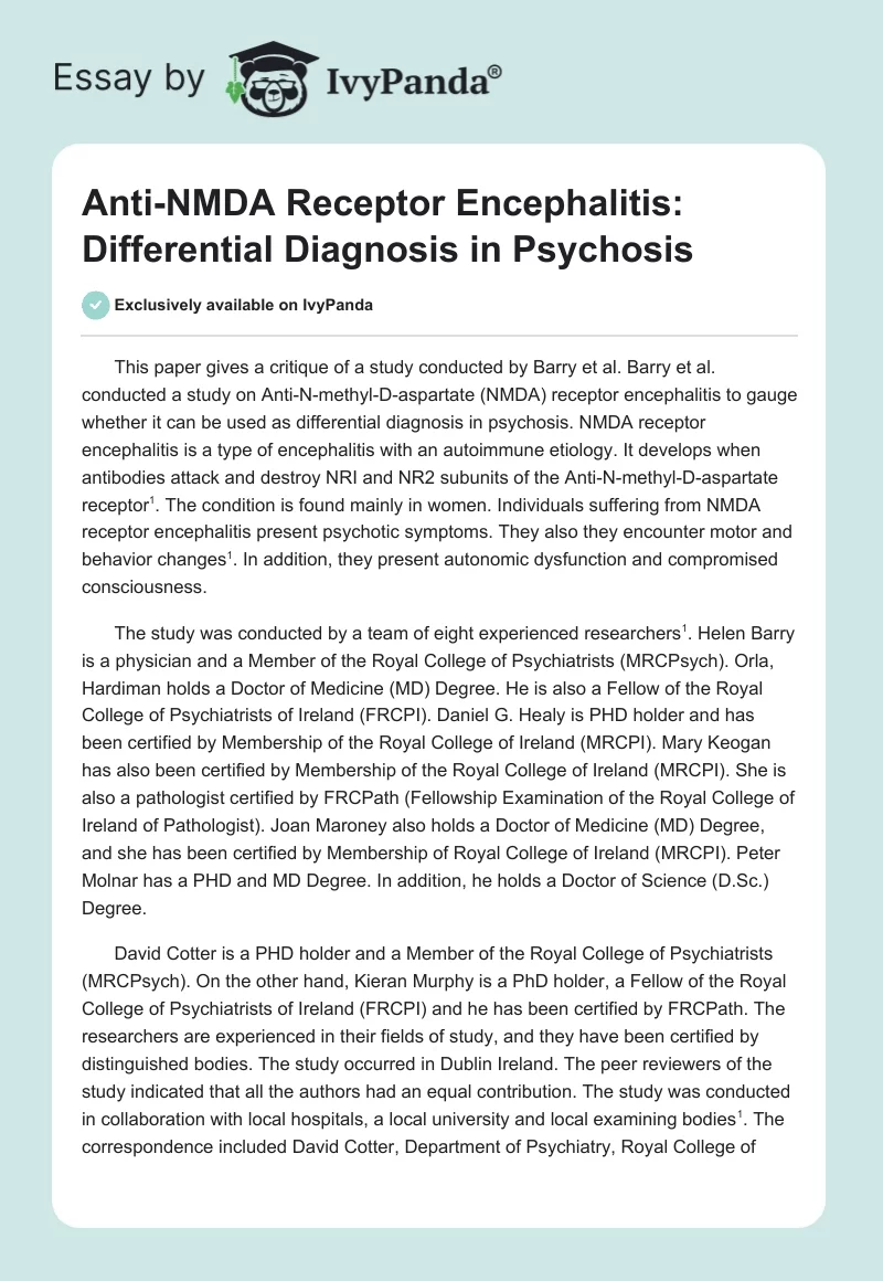 Anti-NMDA Receptor Encephalitis: Differential Diagnosis in Psychosis. Page 1
