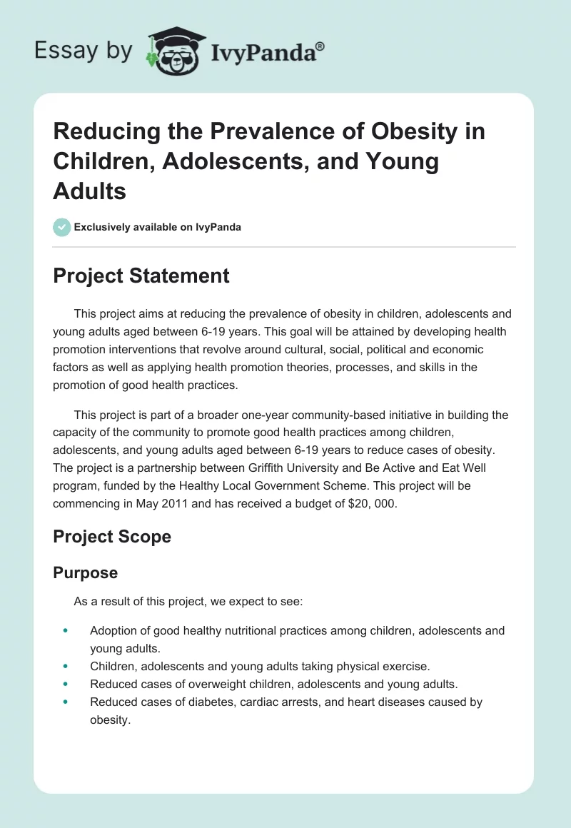 Reducing the Prevalence of Obesity in Children, Adolescents, and Young Adults. Page 1