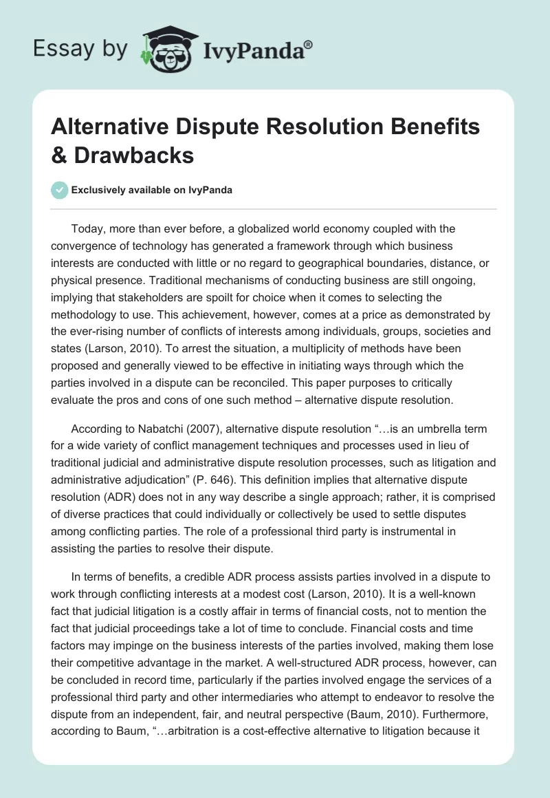 Alternative Dispute Resolution Benefits & Drawbacks. Page 1