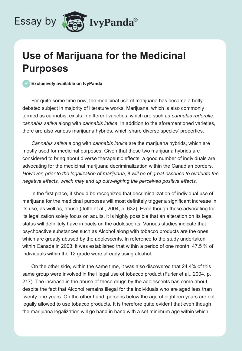 Use of Marijuana for the Medicinal Purposes. Page 1