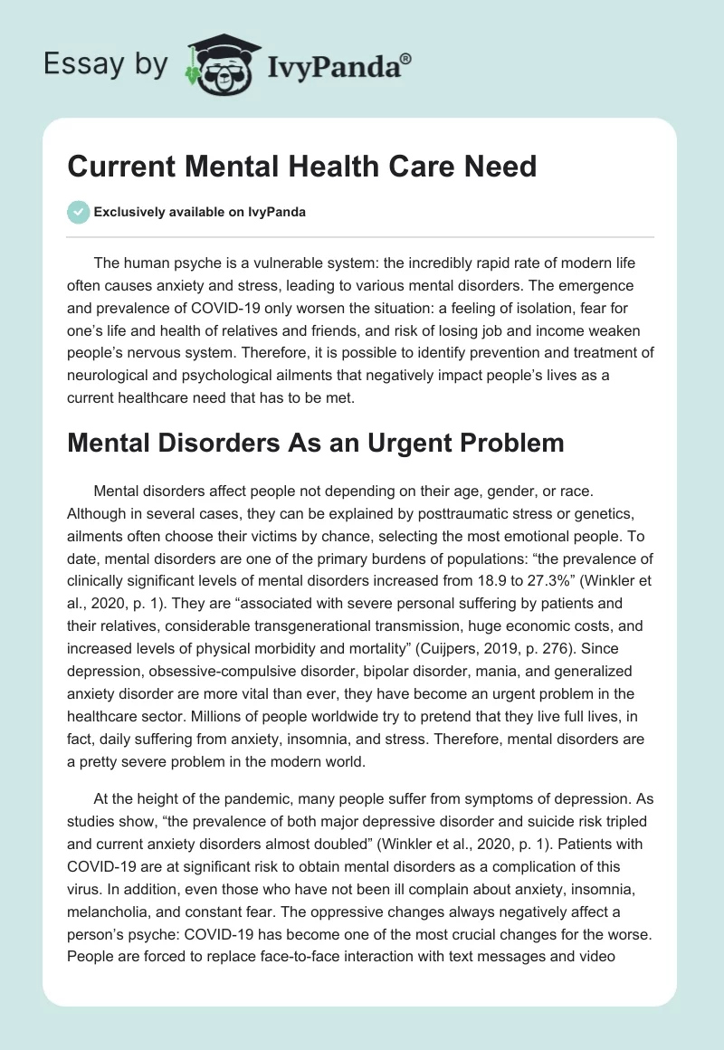 Current Mental Health Care Need. Page 1