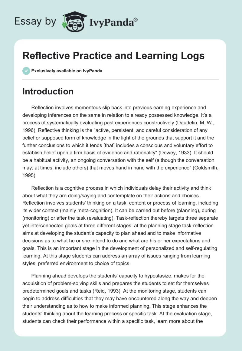 Reflective Practice and Learning Logs. Page 1