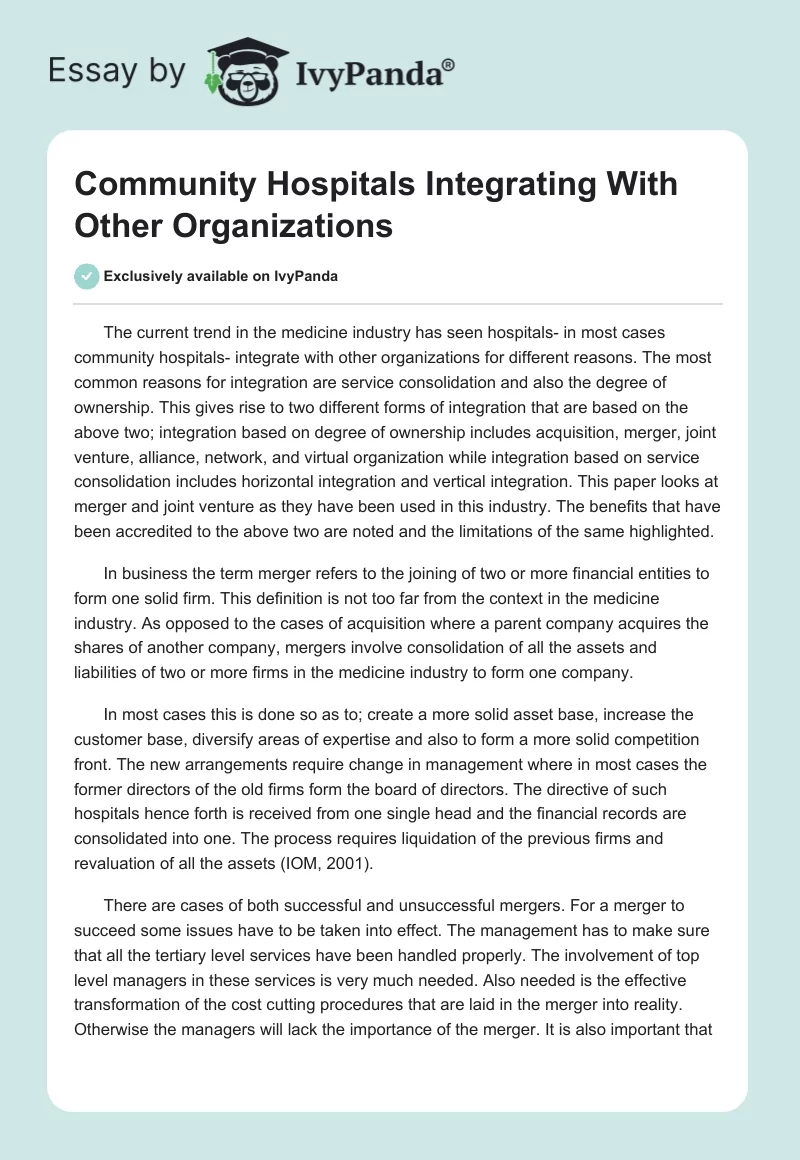 Community Hospitals Integrating With Other Organizations. Page 1