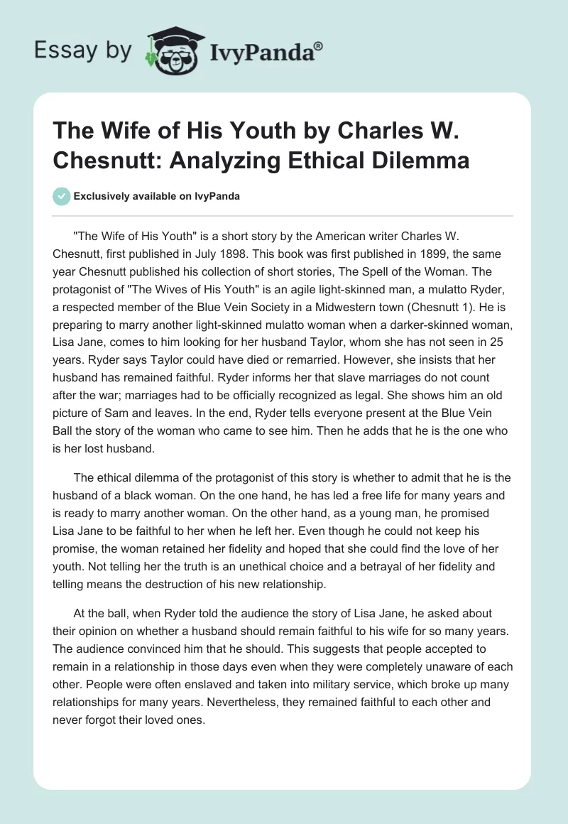 "The Wife of His Youth" by Charles W. Chesnutt: Analyzing Ethical Dilemma. Page 1