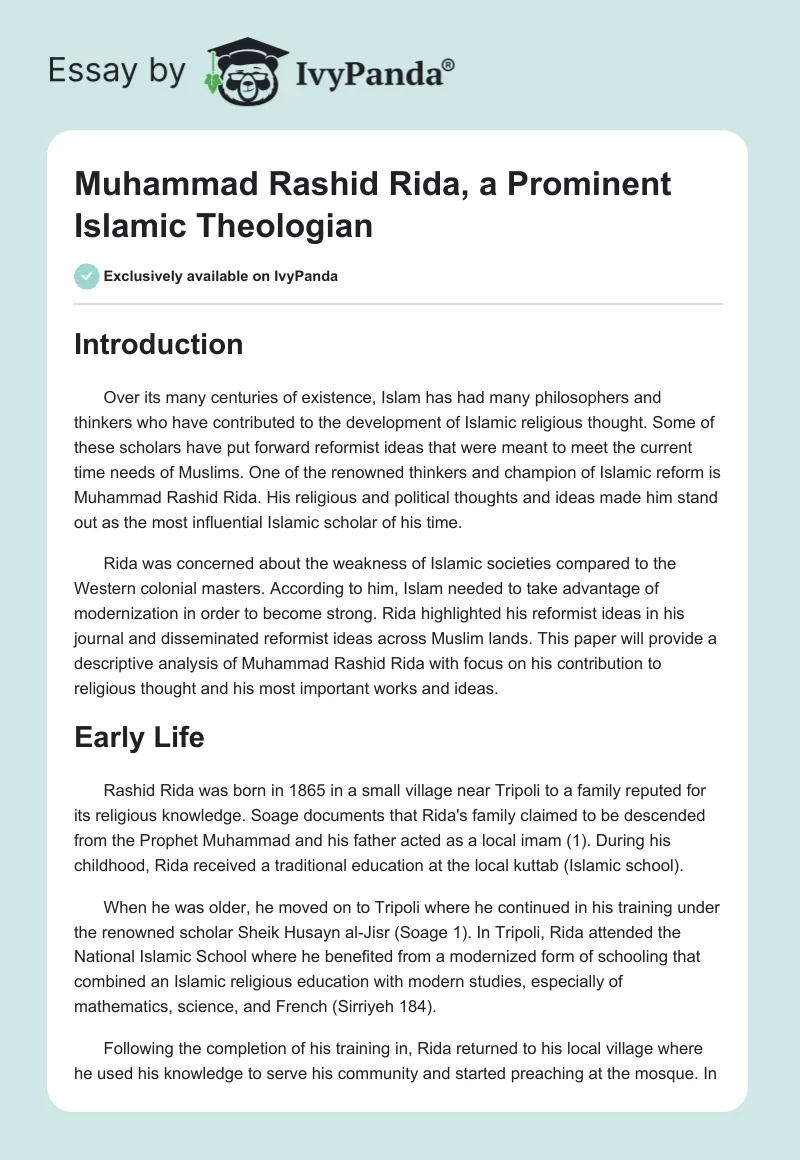 Muhammad Rashid Rida, a Prominent Islamic Theologian. Page 1