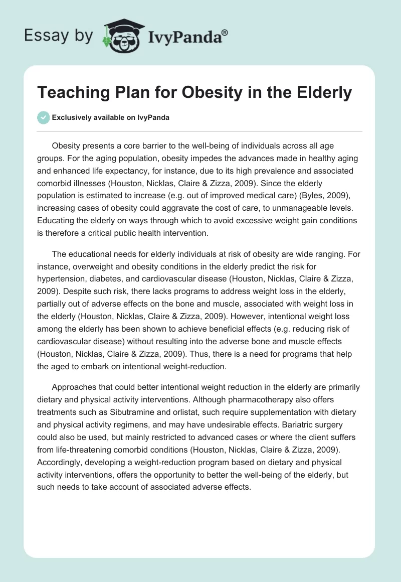 Teaching Plan for Obesity in the Elderly. Page 1