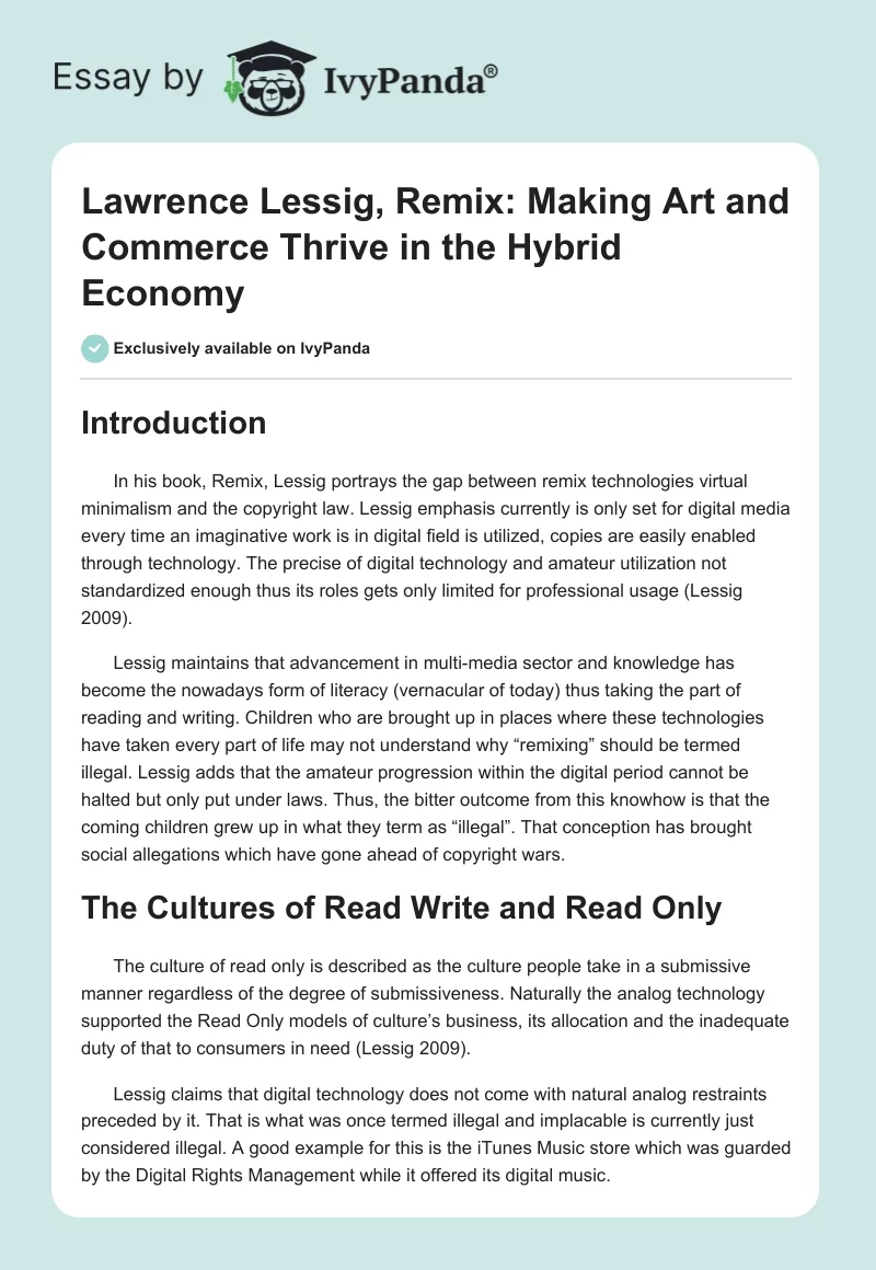 Lawrence Lessig, Remix: Making Art and Commerce Thrive in the Hybrid Economy. Page 1