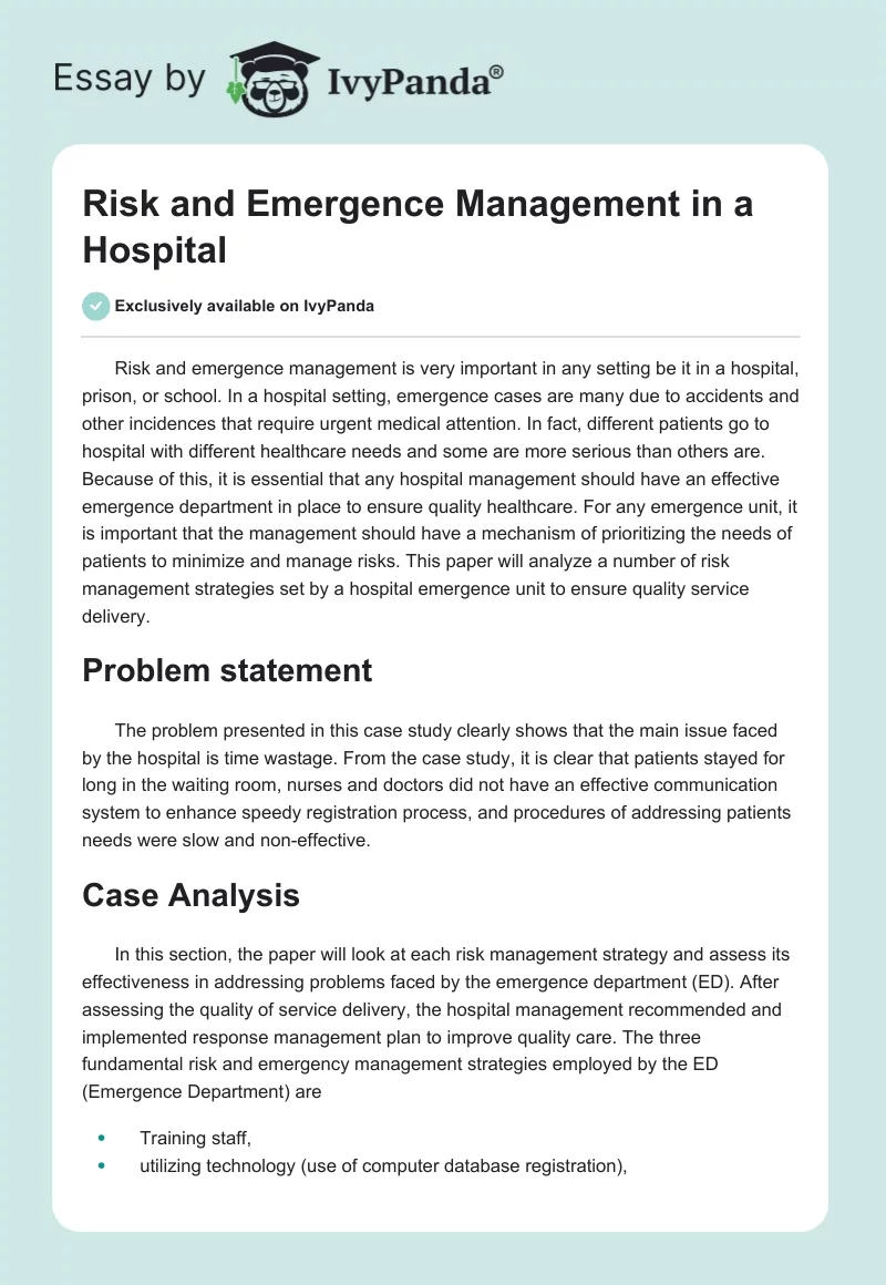 Risk and Emergence Management in a Hospital. Page 1