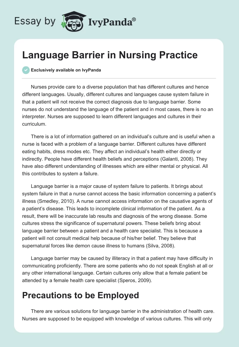 Language Barrier in Nursing Practice. Page 1