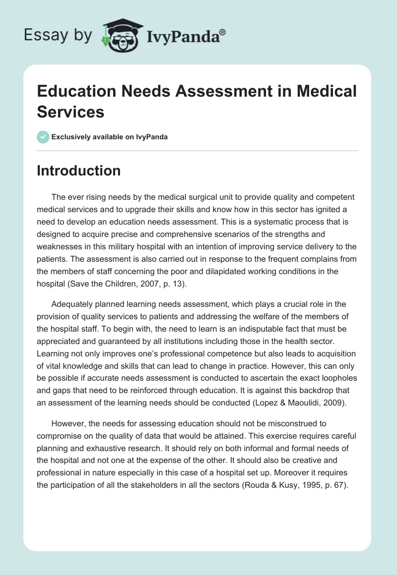 Education Needs Assessment in Medical Services. Page 1