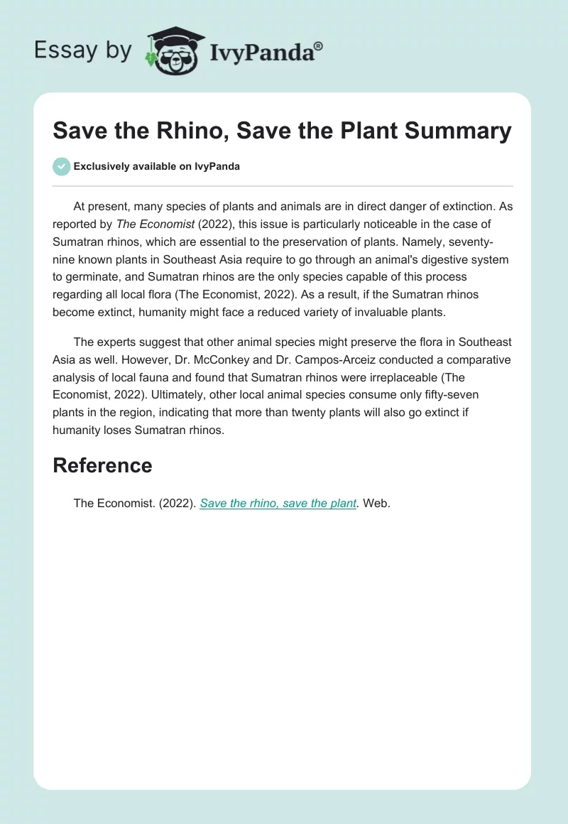 "Save the Rhino, Save the Plant" Summary. Page 1