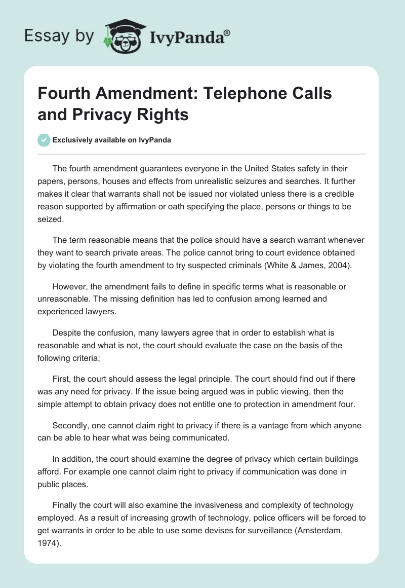 Fourth Amendment: Telephone Calls and Privacy Rights. Page 1