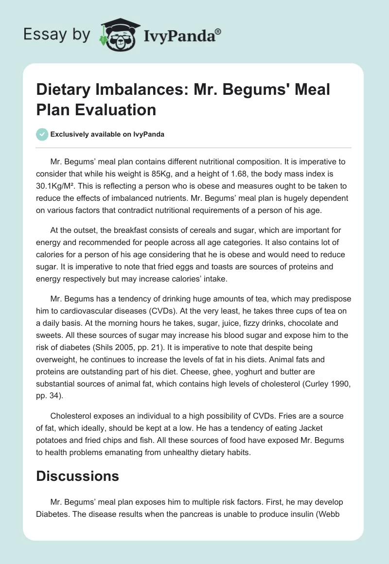 Dietary Imbalances: Mr. Begums' Meal Plan Evaluation. Page 1