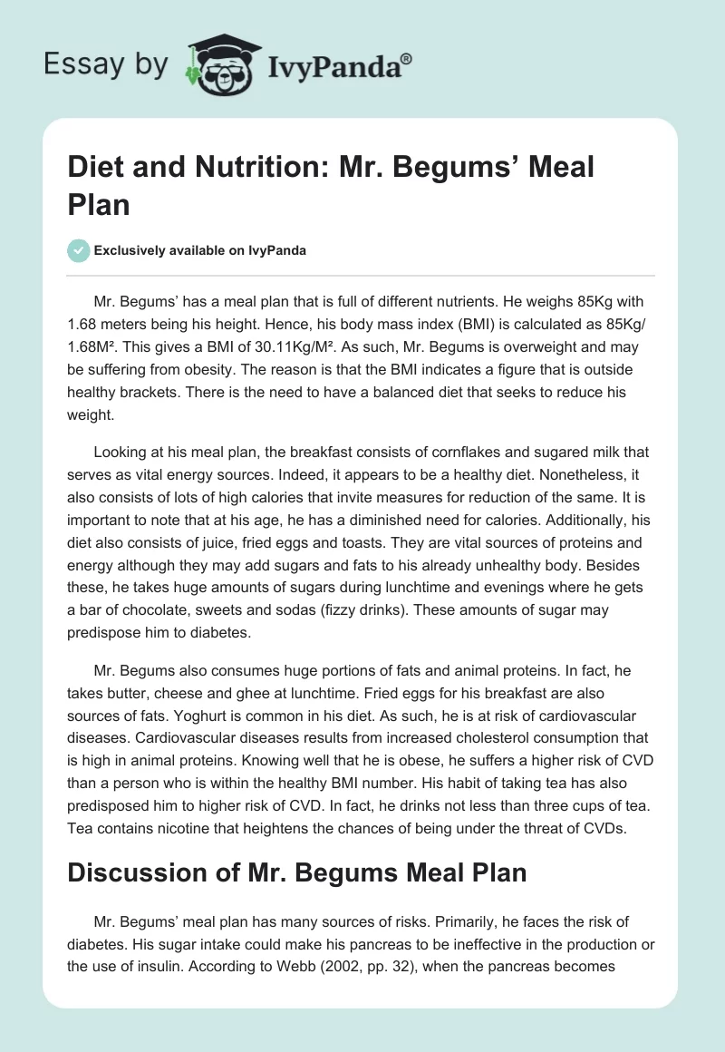 Diet and Nutrition: Mr. Begums’ Meal Plan. Page 1