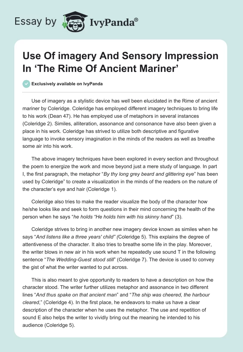 Use Of imagery And Sensory Impression In ‘The Rime Of Ancient Mariner’. Page 1