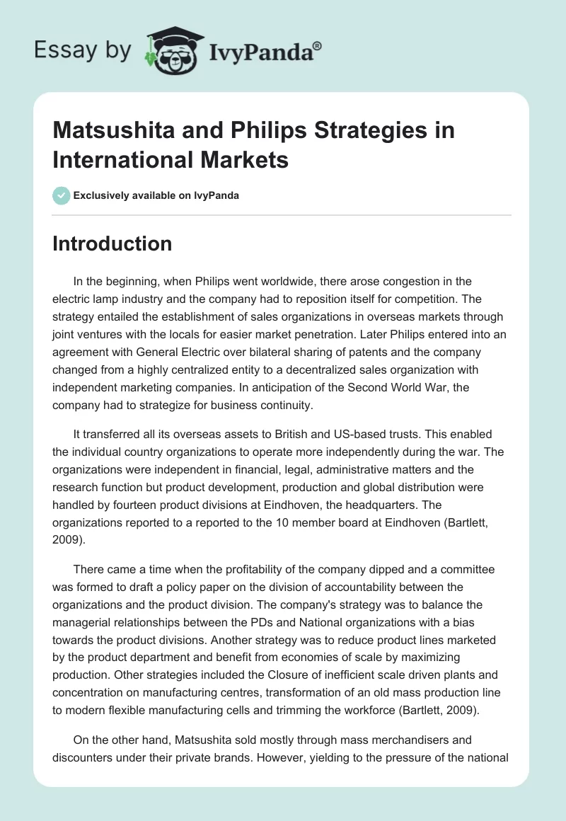 Matsushita and Philips Strategies in International Markets. Page 1