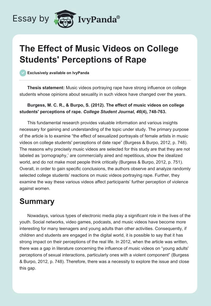 The Effect of Music Videos on College Students' Perceptions of Rape. Page 1