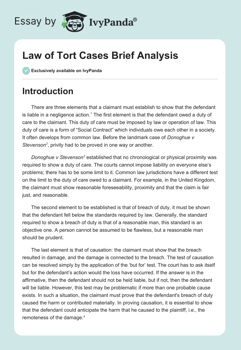 Law of Tort Cases Brief Analysis. Page 1