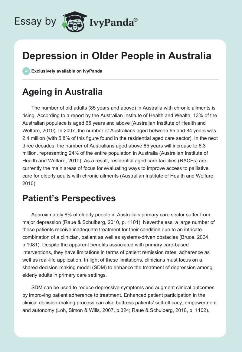 Depression in Older People in Australia. Page 1