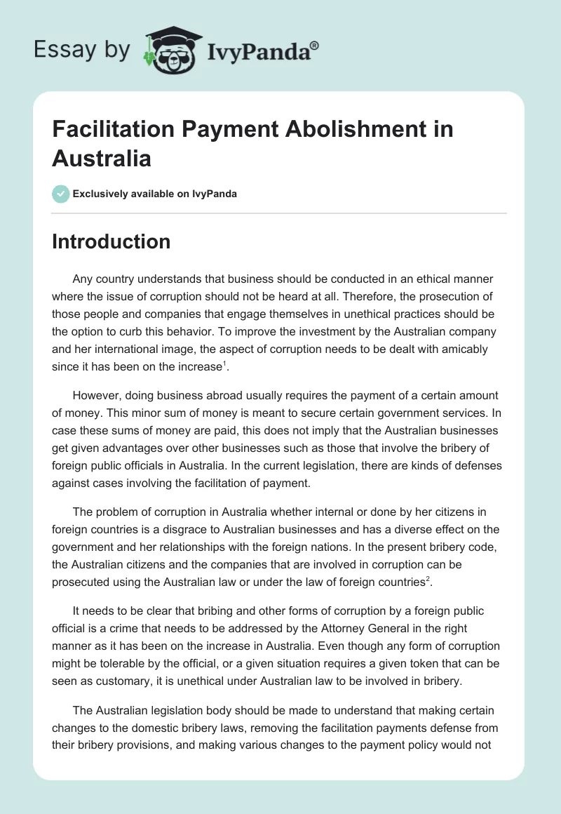 Facilitation Payment Abolishment in Australia. Page 1