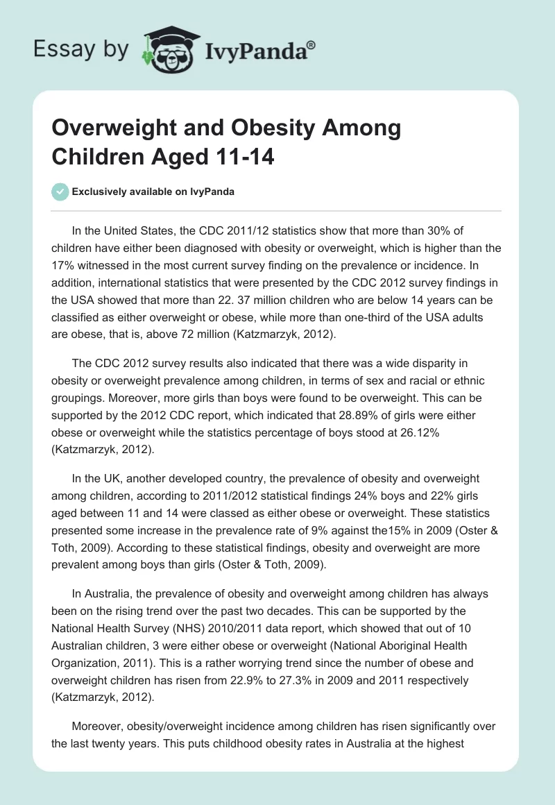 Overweight and Obesity Among Children Aged 11-14. Page 1