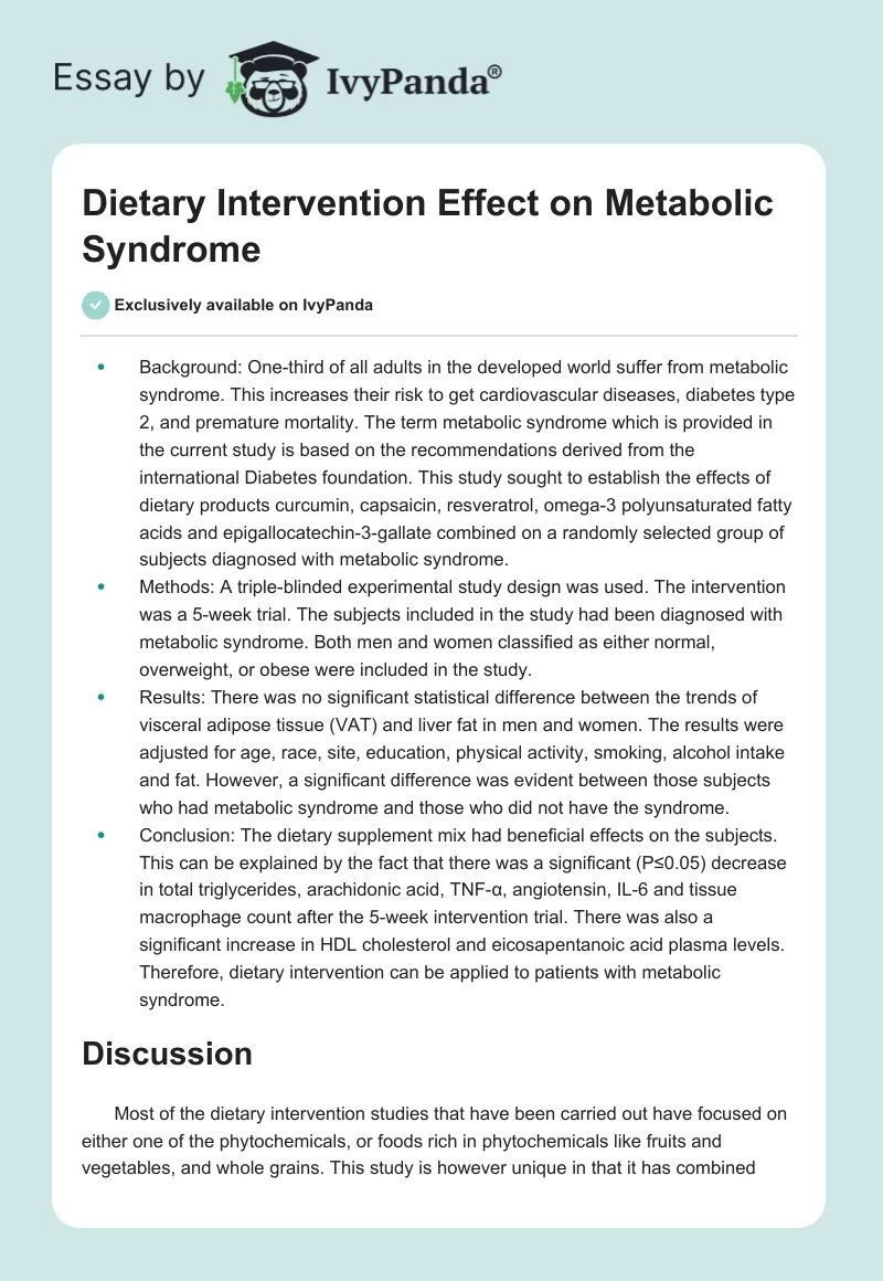 Dietary Intervention Effect on Metabolic Syndrome. Page 1