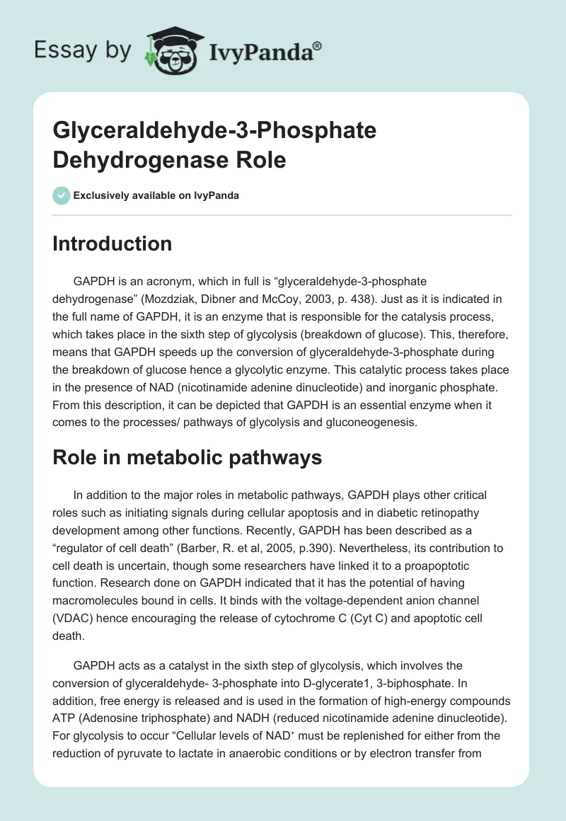 Glyceraldehyde-3-Phosphate Dehydrogenase Role. Page 1