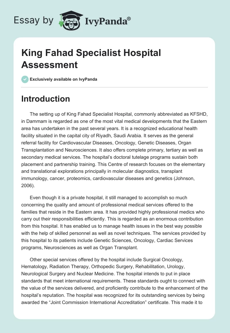 King Fahad Specialist Hospital Assessment. Page 1