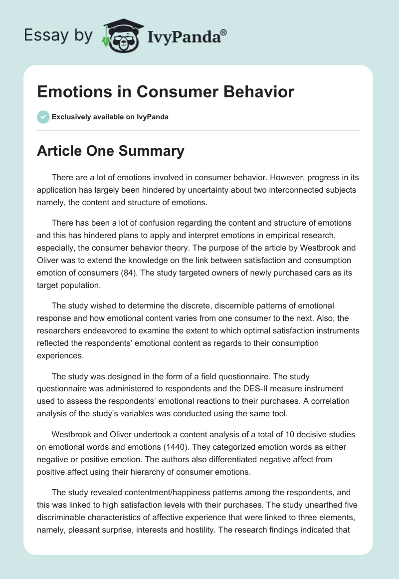 Emotions in Consumer Behavior. Page 1
