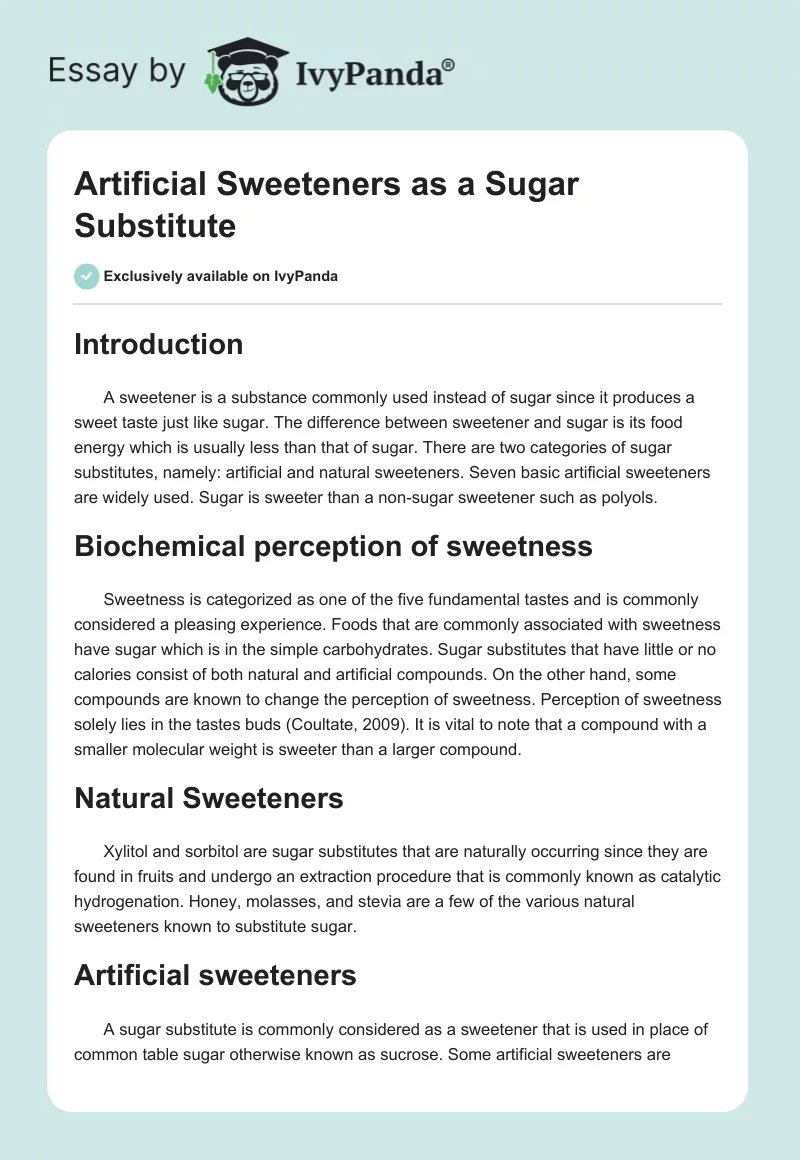 Artificial Sweeteners as a Sugar Substitute. Page 1