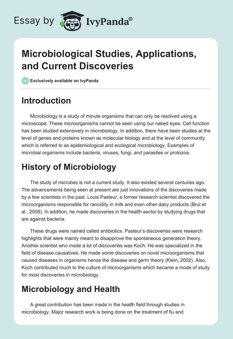 Microbiological Studies, Applications, and Current Discoveries. Page 1