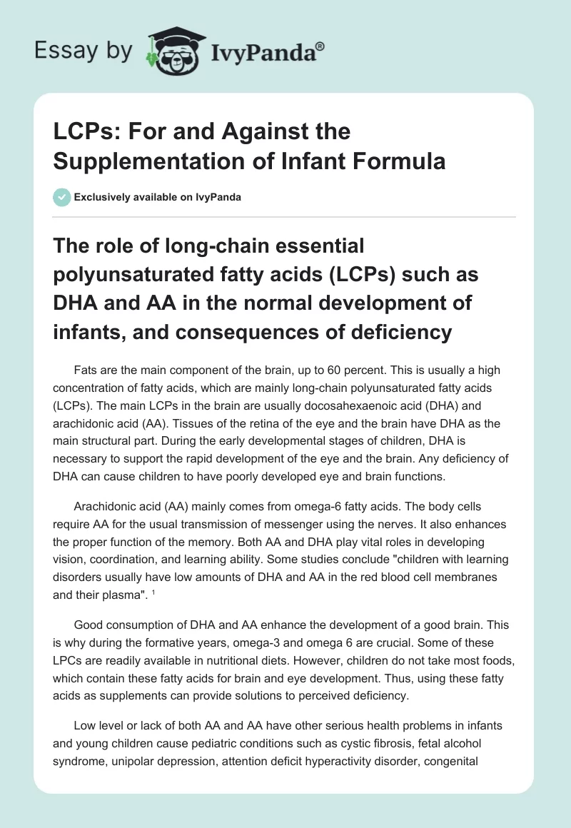 LCPs: For and Against the Supplementation of Infant Formula. Page 1